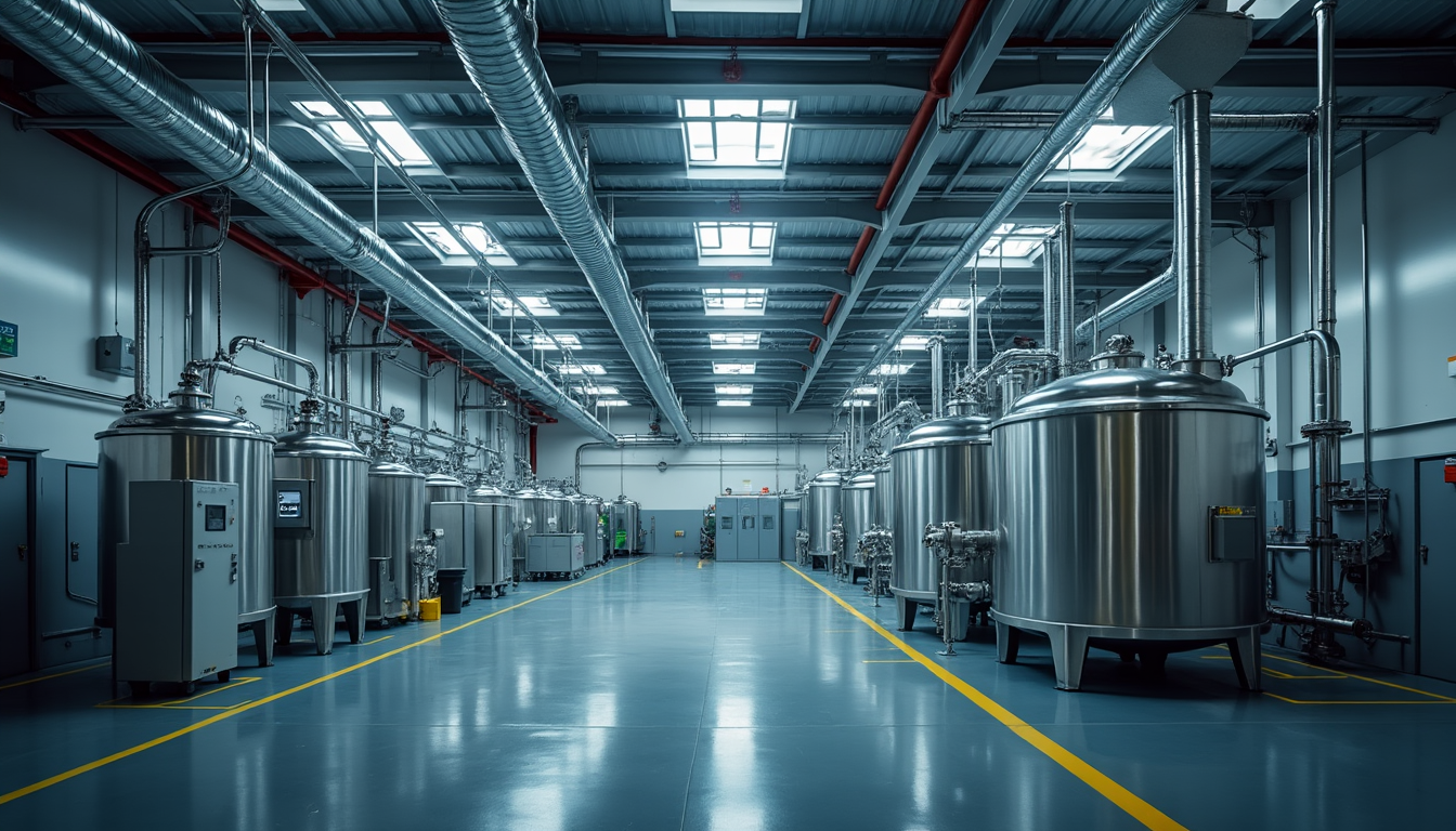 High angle view of a well-ventilated industrial mixing room with safety equipment